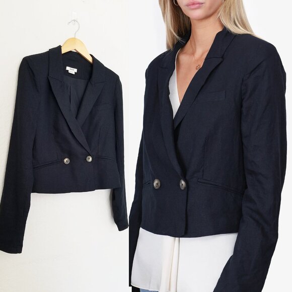 Jason Wu Double Breasted Linen Blend Cropped Blazer Jacket S Black $310 Designer - Picture 2 of 15
